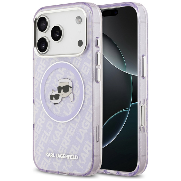 Etui Karl Lagerfeld IML Glitter Karl &   Choupette Heads Logo MagSafe do iPhone 17 Pro Max fioletowy