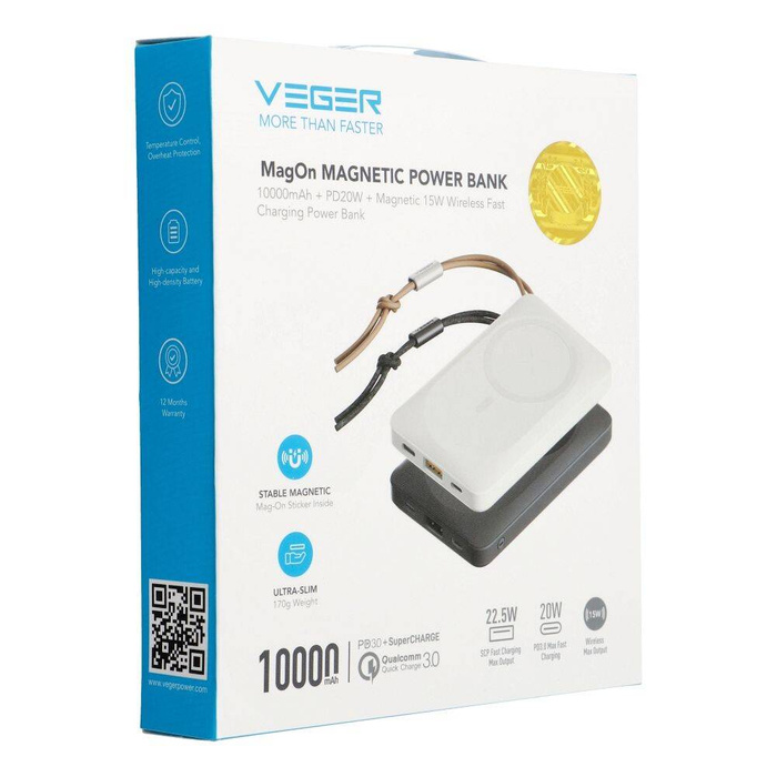 VEGER powerbank 10000 mAh z ładowaniem indukcyjnym kompatybilny z MagSafe PD QC3.0 2A 20W MagOn (VP1151 / W1151) biały