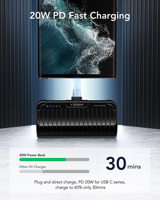 Powerbank Veger PlugOn (W0558) PD QC3.0 3A 20W 5000 mAh z wbudowanym złączem Typ C czarny