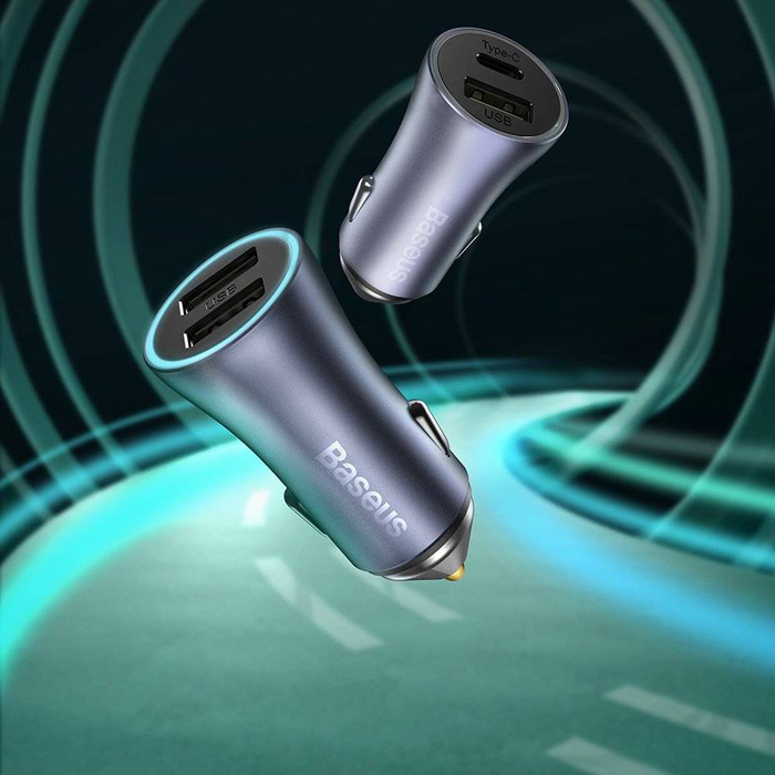 Baseus Golden Contactor Pro szybka ładowarka samochodowa USB Typ C / USB 40 W Power Delivery 3.0 Quick Charge 4+ SCP FCP AFC + kabel USB - USB Typ C szary (TZCCJD-0G)