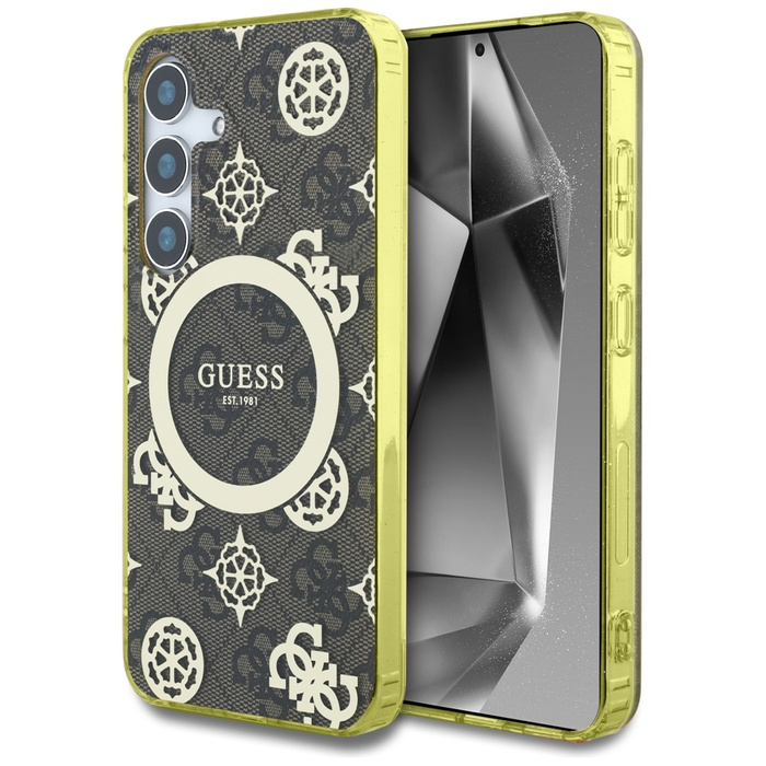 Etui Guess 4G Background Gold             Electroplated Peony Pattern MagSafe do Samsung Galaxy S25 brązowy