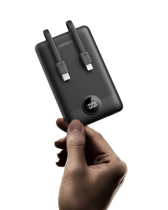 VEGER powerbank 10000 mAh z wbudowanymi kablami Typ C / Lightning PD QC3.0 2A 22,5W C11 (W1170) czarny