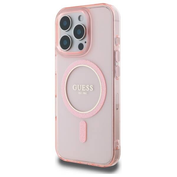 Etui Guess iPhone 16 Pro Max różowy/pink hardcase IML Glitter Circle MagSafe
