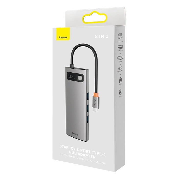 [PO ZWROCIE] Baseus Metal Gleam Series stacja dokująca HUB 8 w 1 USB Typ C - 2 x HDMI /  3 x USB 3.2 Gen. 1 / 1 x Power Delivery / 1 x czytnik kart SD / 1 x czytnik kart TF szary (WKWG050113)