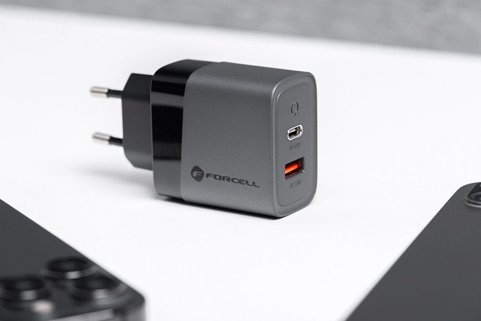 Ładowarka sieciowa do telefonu Forcell F-Energy GaN USB C + USB A QC4.0 PD 4A 45W VT-39 szara