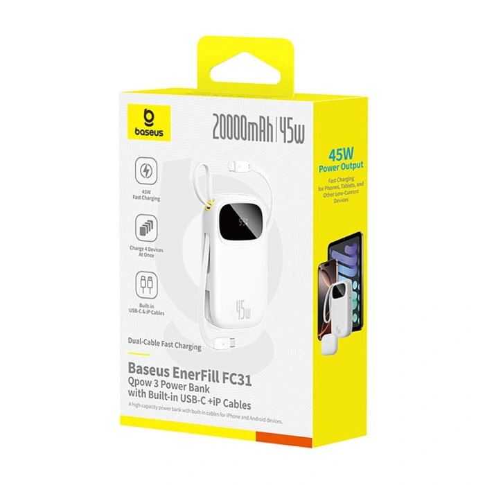 Powerbank Baseus EnerFill FC31 20000mAh 45W z wyświetlaczem cyfrowym i 2 wbudowanymi kablami (USB-C + Lightning) - biały