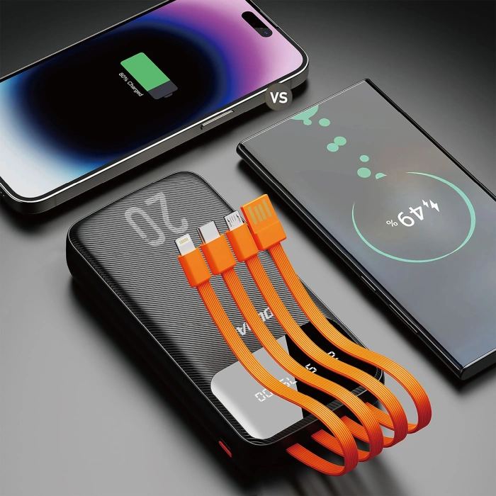 Dudao pojemny powerbank z 3 wbudowanymi kablami 20000mAh USB Typ C + micro USB + Lightning czarny (Dudao K6Pro+)