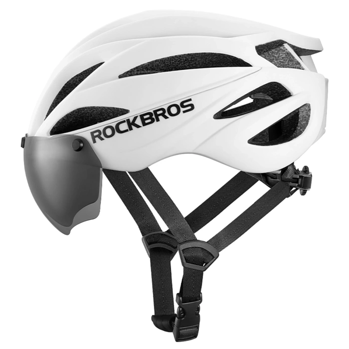 Kask rowerowy Rockbros z szybką, odpinane okulary z ochroną UV, unisex, błyszczący - biały