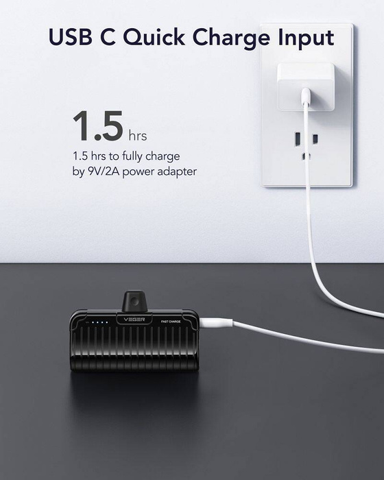 VEGER powerbank 5000 mAh z wbudowanym złączem Lightning PlugOn PD QC3.0 2,4A 20W W0558P czarny