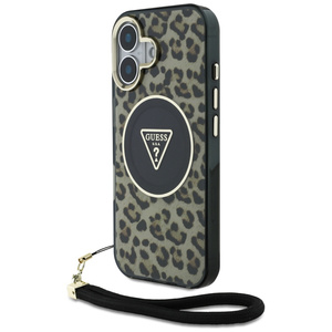 Etui Guess HC IML Leopard Triangle Cord Strap do iPhone 16 MagSafe brązowy