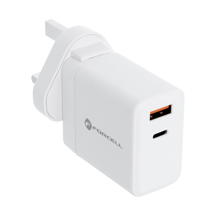 Ładowarka sieciowa do telefonu Forcell F-Energy 3w1 USB C + USB A QC4.0 PD 3A 45W z trzema wymiennymi wtyczkami (EU / UK / US) TFK-TC-45WPDAC biała