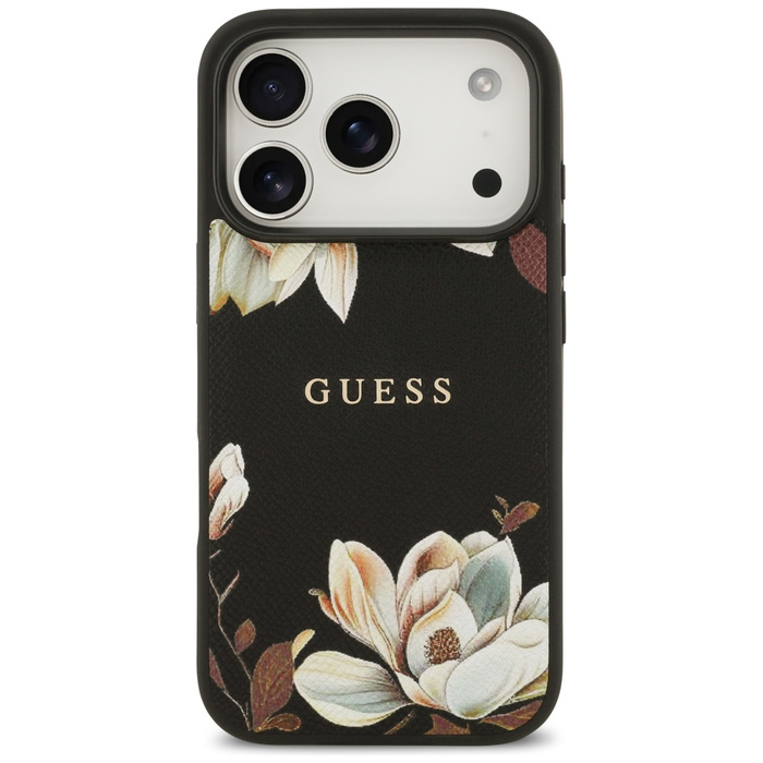 Etui Guess Grained Flowers Classic Logo  MagSafe do iPhone 17 Pro czarny
