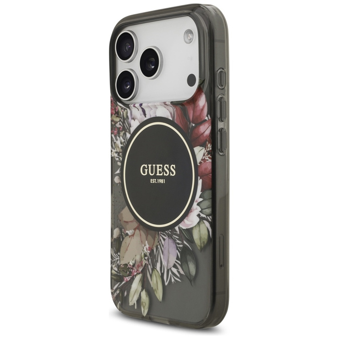 Etui Guess IML Flowers Pearl Strap       MagSafe do iPhone 17 Pro czarny