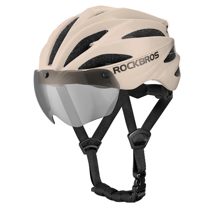 Kask rowerowy Rockbros z szybką, odpinane okulary z ochroną UV, unisex - brązowy