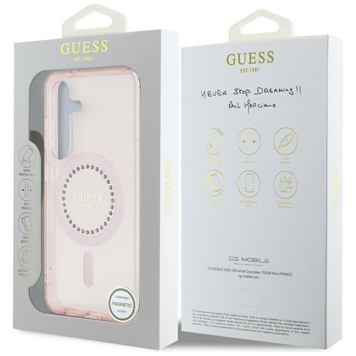 Etui Guess Rhinestones Printed Classic    Logo MagSafe Samsung Galaxy S25 różowy