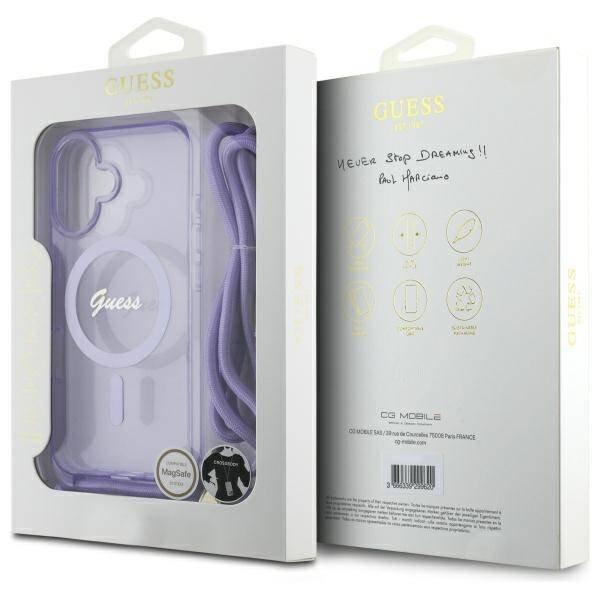 Etui Guess iPhone 16 fioletowy/purple hardcase Crossbody Cord Script MagSafe