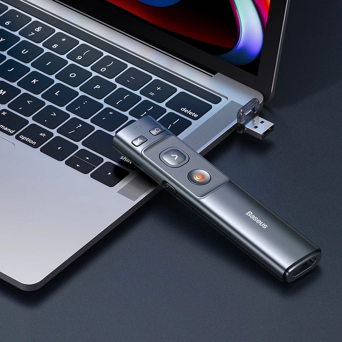 Wielofunkcyjny pilot Baseus Orange Dot do prezentacji, z czerwonym wskaźnikiem laserowym, akumulatorowy (szary)