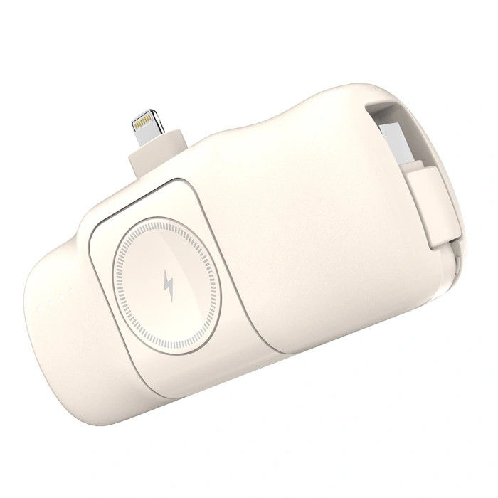 Mini powerbank Wozinsky WF16-YLS 5000mAh 15W Lightning z wbudowanym kablem USB-C i ładowarką do Apple Watch - beżowy