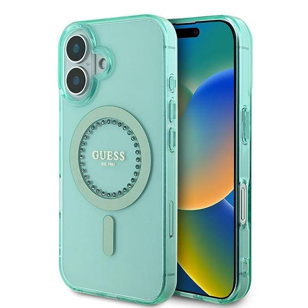Etui Guess iPhone 16 6.1" zielony/green hardcase IML Rhinestones MagSafe