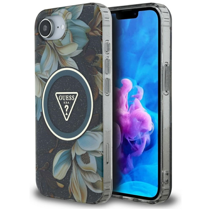 Etui Guess IML Metal Glitter Flowers     Triangle MagSafe do iPhone 16e czarny