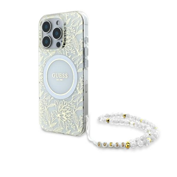 Etui Guess iPhone 16 Pro Max 6.9" biały/white hardcase IML Flowers Allover Electro With Pearl Strap MagSafe