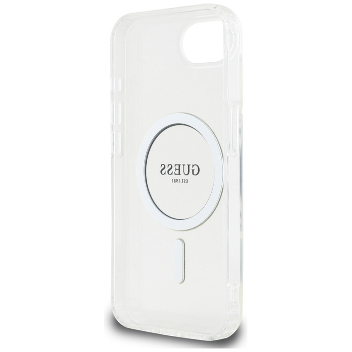 Etui Guess IML Glitter Circle MagSafe do iPhone 16e przezroczysty