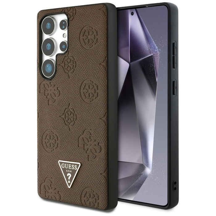 Etui Guess Grained Hot Stamp Peony        Pattern Triangle Logo MagSafe do Samsung Galaxy S25 Ultra brązowy