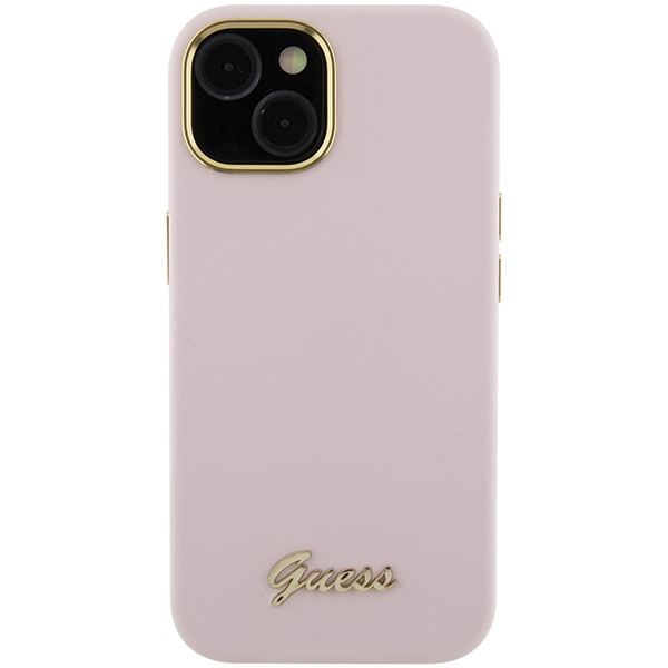 Etui Guess GUHCP15SSMBSLP iPhone 15 6.1" różowy/pink hardcase Silicone Script Metal Logo & Frame