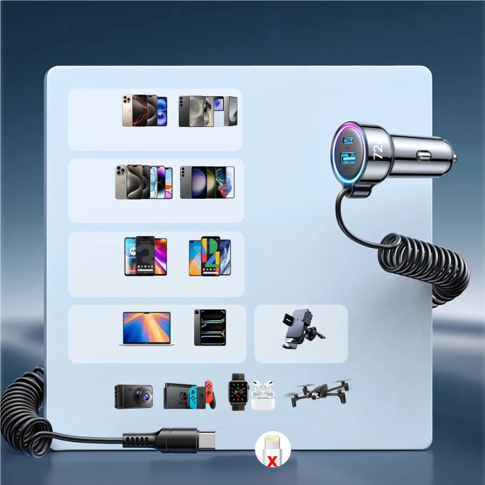 Joyroom szybka ładowarka samochodowa 3 w 1 z kablem USB Typ C 1,5m 55W czarny (JR-CL07)