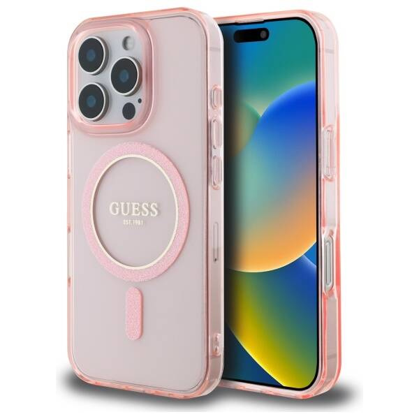 Etui Guess iPhone 16 Pro Max różowy/pink hardcase IML Glitter Circle MagSafe
