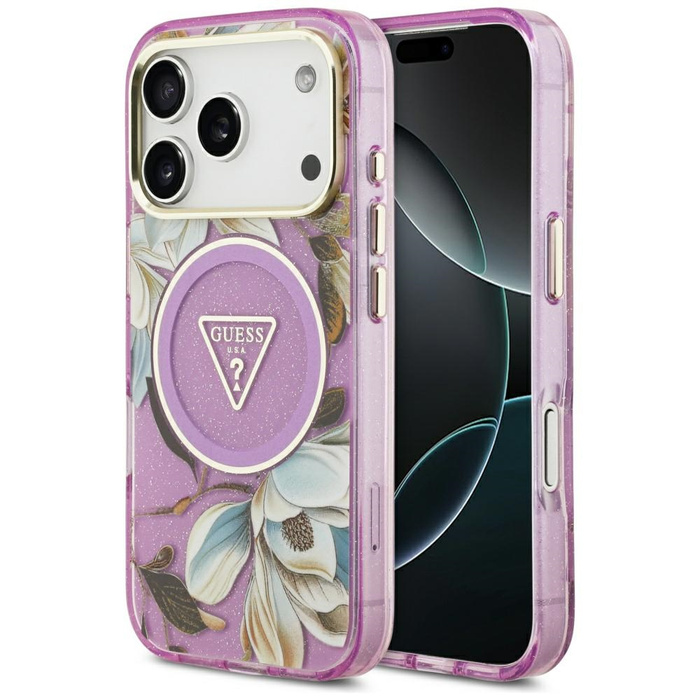 Etui Guess IML Glitter Flowers Triangle  MagSafe do iPhone 17 Pro fioletowy