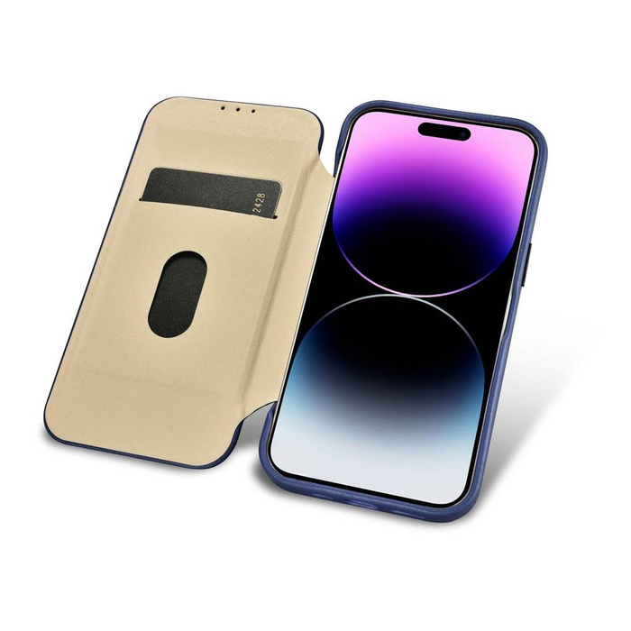 iCarer CE Premium Leather Folio Case skórzane etui iPhone 14 Pro z klapką magnetyczne MagSafe niebieski (WMI14220714-BU)