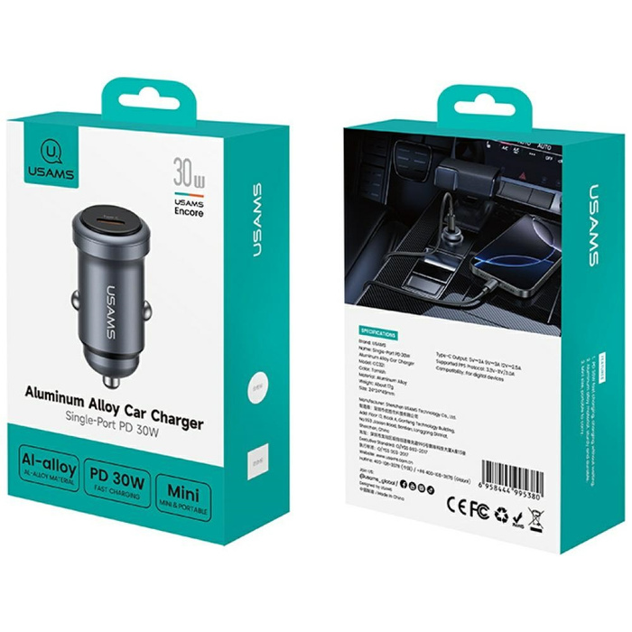 Ładowarka samochodowa USAMS CC321        Aluminium 30W PD USB-C tarnish