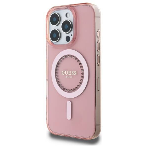 Etui Guess iPhone 16 Pro 6.3" różowy/pink hardcase IML Rhinestones MagSafe