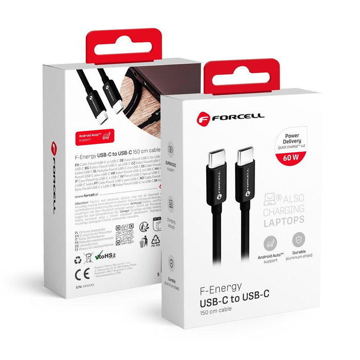 Kabel USB C do USB C Forcell F-Energy QC4.0 PD 3A 60W 1,5 m C338 czarny
