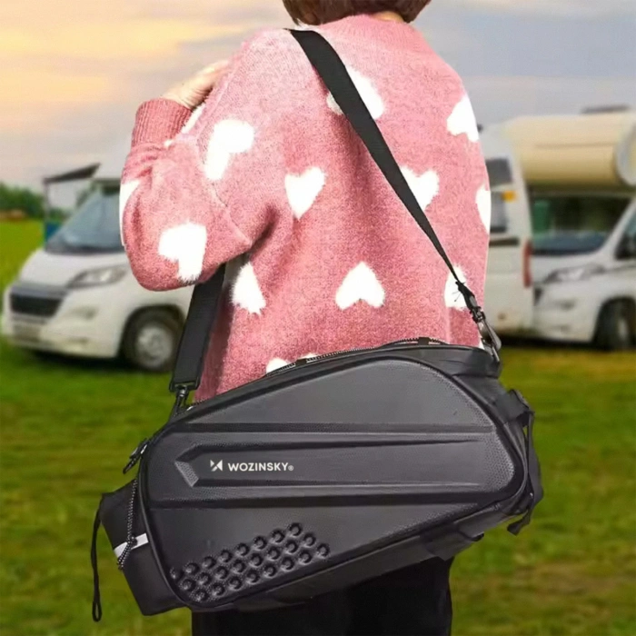 Wozinsky torba rowerowa na bagażnik z długim paskiem i rozszerzanymi kieszeniami bocznymi - czarna