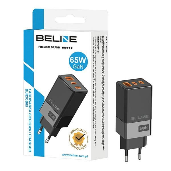 Beline Ład. siec. 2x USB-C + 1x USB 65Wczarny/black (only head) PD 3.0 + QC 3.0  BLN3CB65 GaN