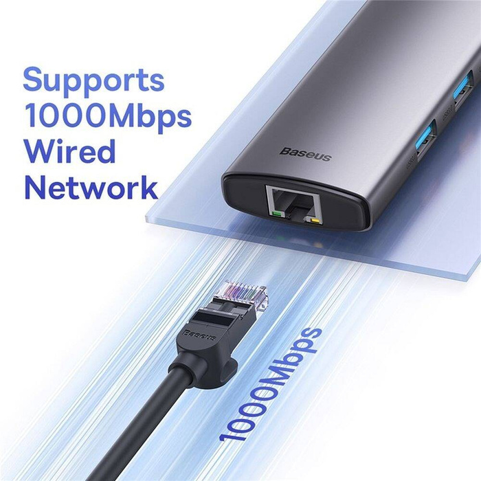 Baseus StarJoy HUB 8w1 USB Typ C - 3x USB / HDMI / RJ45 (1Gbps) / czytnik kart SD i TF / USB Typ C PD szary (WKWG080113)