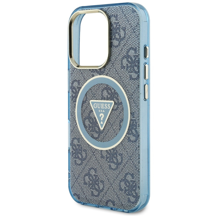Etui Guess IML Metal Glitter 4G Circle   Triangle MagSafe do iPhone 16 Pro Max niebieski