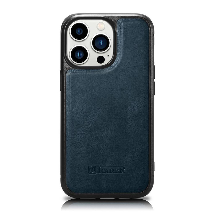 iCarer Leather Oil Wax etui pokryte naturalną skórą do iPhone 14 Pro (kompatybilne z MagSafe) niebieski (WMI14220718-BU)