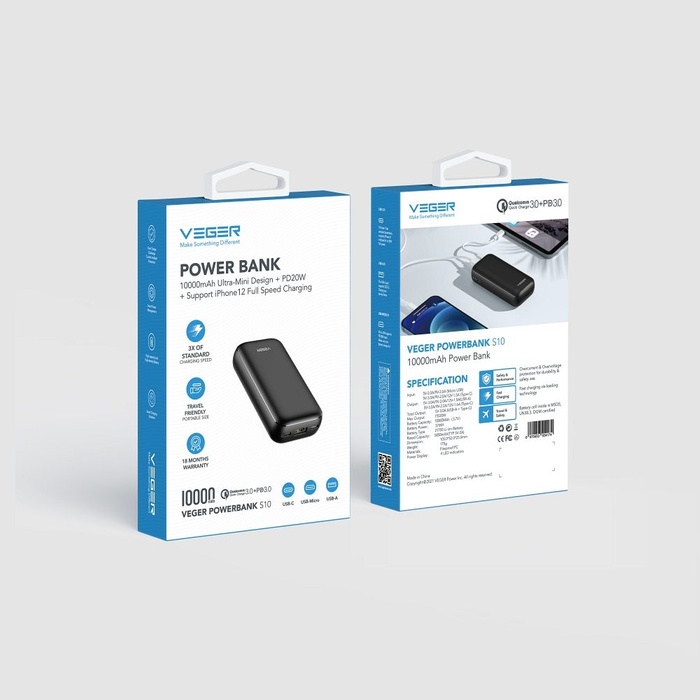 VEGER powerbank 10000 mAh PD QC3.0 3A 20W S10 (W1135) czarny