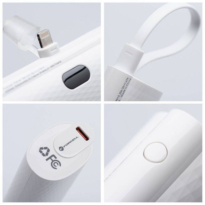 Powerbank Forcell F-Energy Power Plug F5K3 PD 20W 5000 mAh z wbudowanym złączem Lightning biały