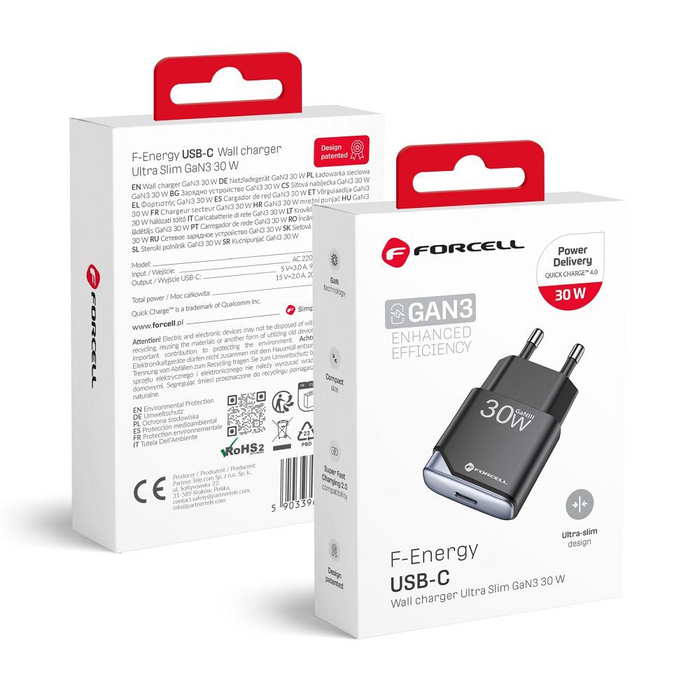 Ładowarka sieciowa do telefonu Forcell F-Energy Ultra Slim GaN III USB C PD QC4.0 3A 30W B130101-E czarna