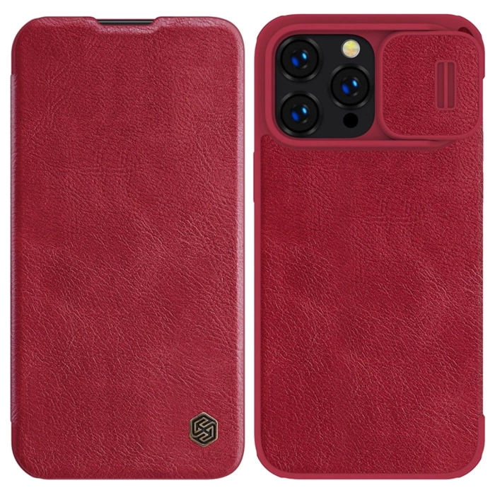 Etui Nillkin Qin Leather Pro Case etui iPhone 14 Pro Max osłona na aparat kabura pokrowiec obudowa z klapką czerwony