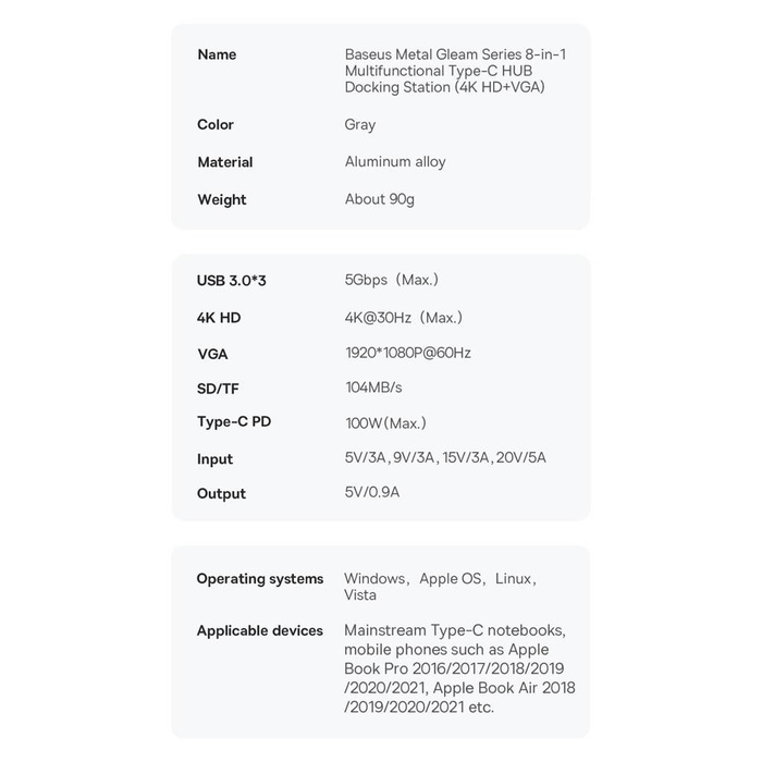 Stacja dokująca HUB Baseus Metal Gleam Series 8 w 1 USB Typ C - 1 x HDMI /  3 x USB 3.2 Gen. 1 / 1 x Power Delivery / 1 x czytnik kart SD / 1 x czytnik kart TF / 1 x VGA szary (WKWG050013)