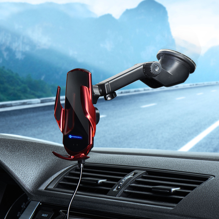 Uchwyt na telefon do samochodu indukcyjny automatyczny Forcell F-Grip HS1 Qi 15W do szyby / kratki czerwony