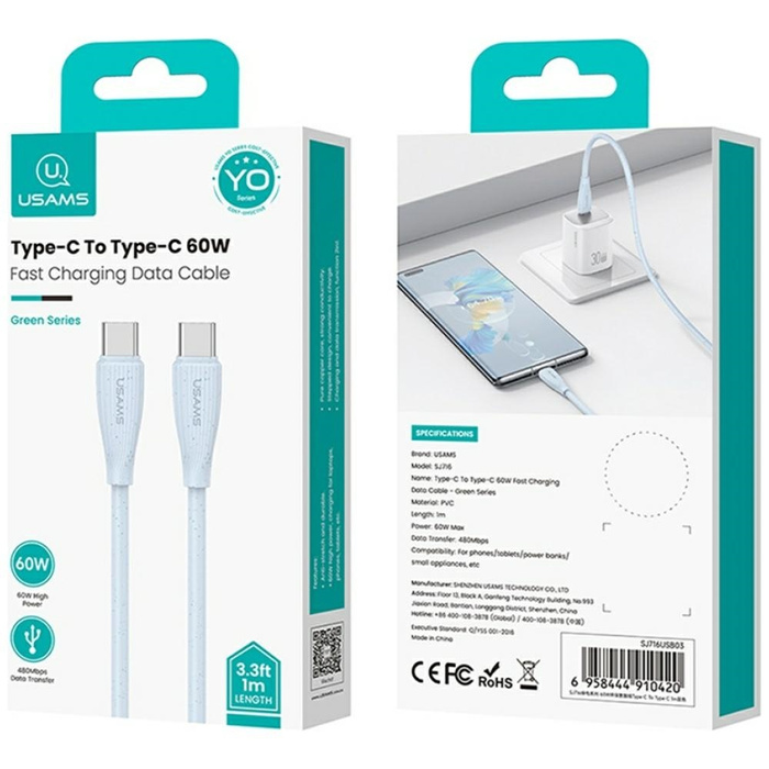 Kabel USAMS Green Series SJ716 60W USB-C do USB-C 1m różowy