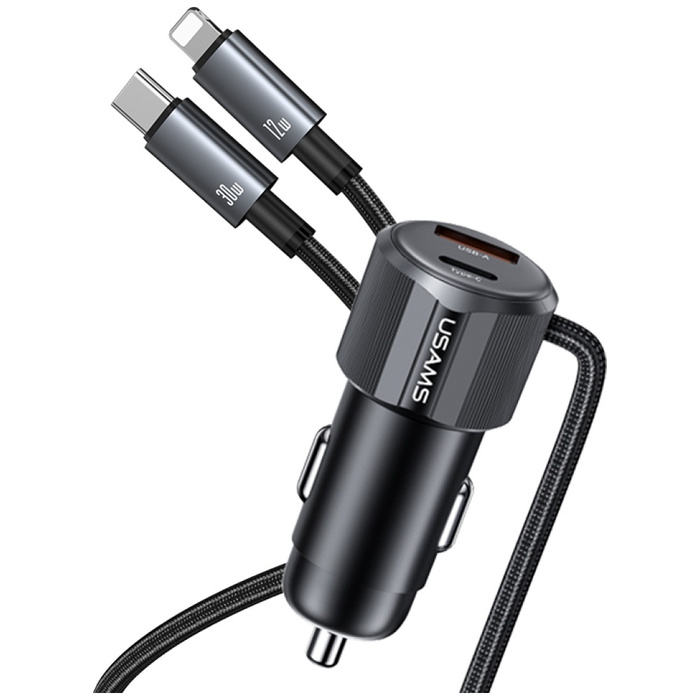 Ładowarka samochodowa USAMS YT Series    CC287 66W 1xUSB-A 1xUSB-C + kabel 2w1 USB-C/Lightning tarnish