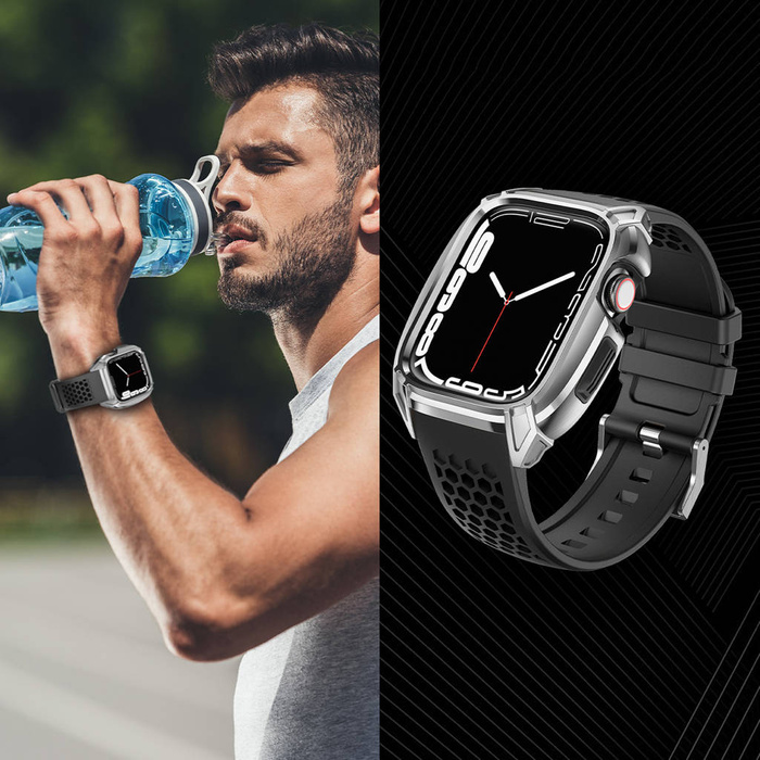 Pasek Kingxbar CYF148 2w1 pasek Apple Watch Ultra, SE, 8, 7, 6, 5, 4, 3, 2, 1 (49, 45, 44, 42  mm) z wbudowanym pancernym etui ze stali nierdzewnej srebrny