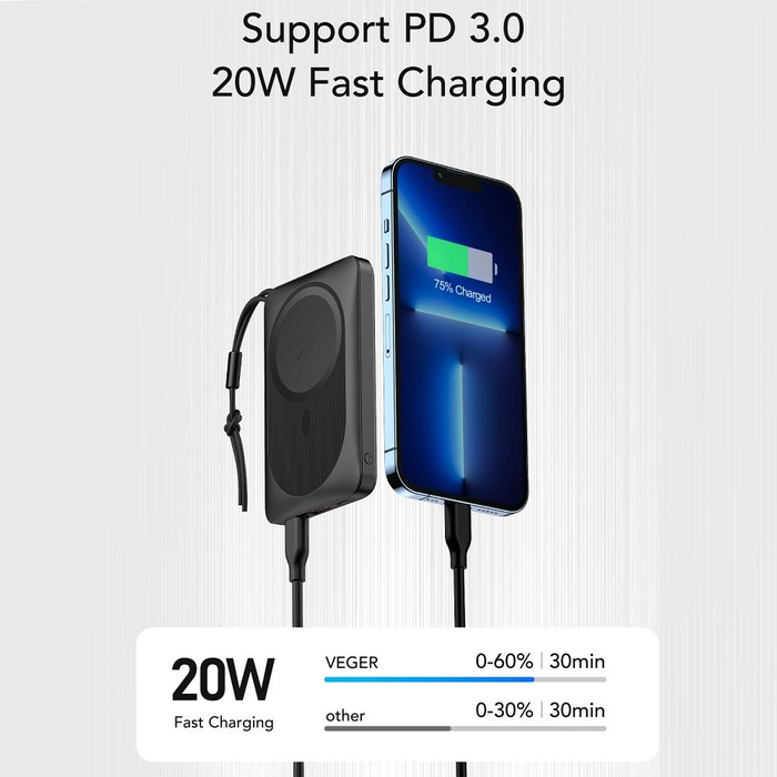 VEGER powerbank 10000 mAh z ładowaniem indukcyjnym kompatybilny z MagSafe PD QC3.0 2A 20W MagOn (VP1151 / W1151) biały
